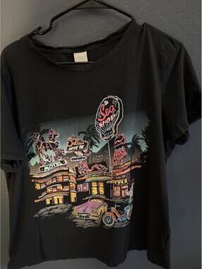 H&M Black Graphic T-Shirt with Retro Neon Sign Design